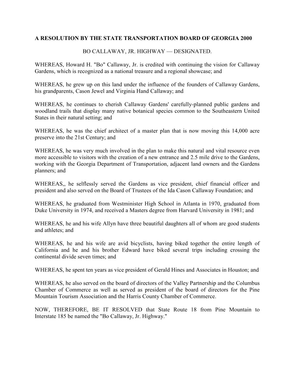 A Resolution by the State Transportation Board of Georgia 2000