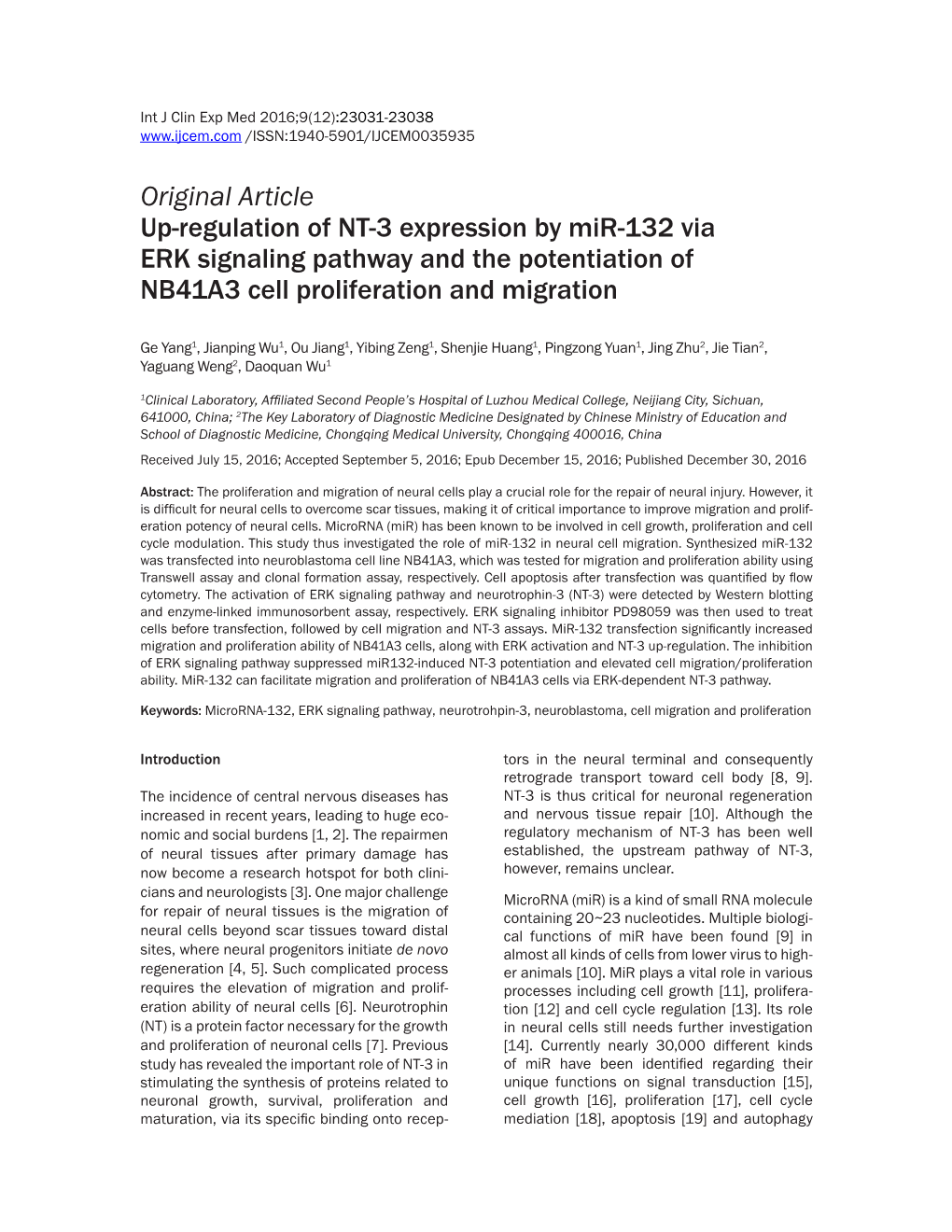 Original Article Up-Regulation of NT-3 Expression by Mir-132 Via ERK Signaling Pathway and the Potentiation of NB41A3 Cell Proliferation and Migration