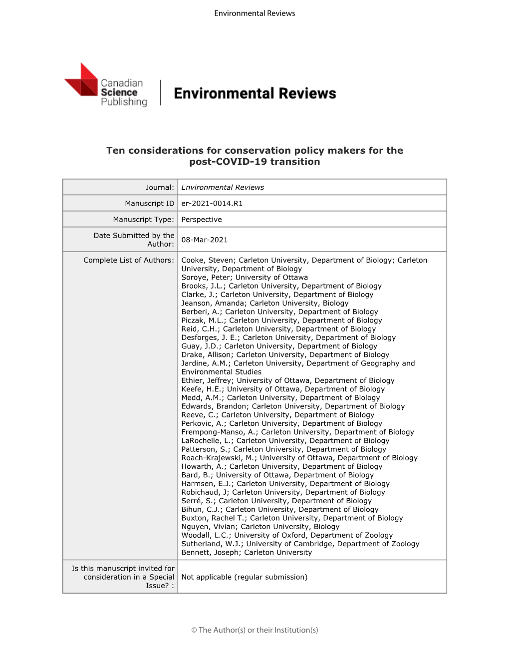 Ten Considerations for Conservation Policy Makers for the Post-COVID-19 Transition