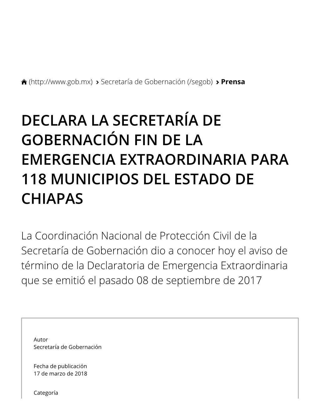 Declara La Secretaría De Gobernación Fin De La Emergencia Extraordinaria Para 118 Municipios Del Estado De Chiapas
