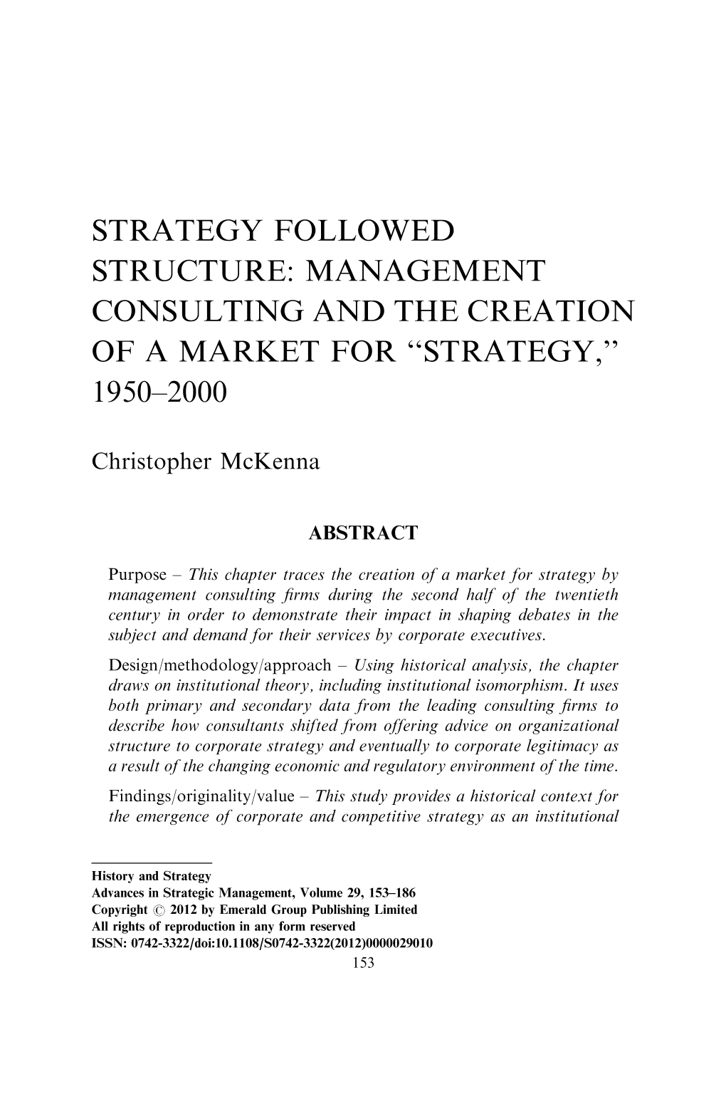 Management Consulting and the Creation of a Market for ''Strategy