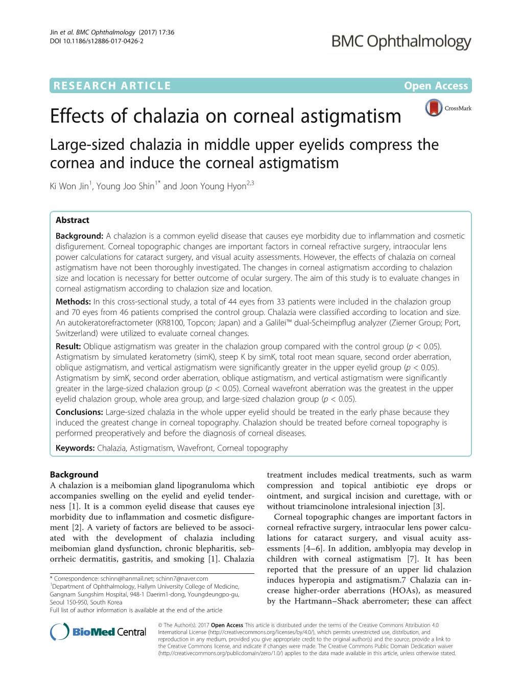 Effects of Chalazia on Corneal Astigmatism Large-Sized Chalazia in Middle Upper Eyelids Compress the Cornea and Induce the Corneal Astigmatism