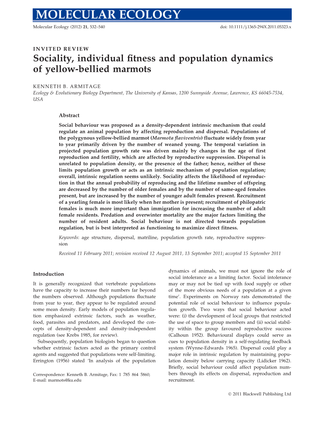 Sociality, Individual Fitness and Population Dynamics of Yellowbellied Marmots