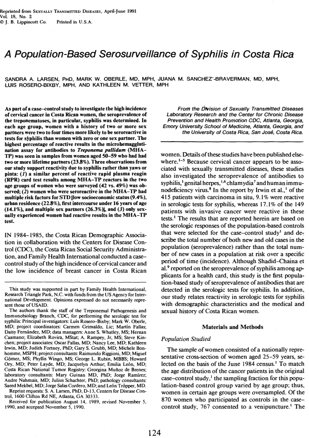 A Population-Based Serosurveillance of Syphilis in Costa Rica