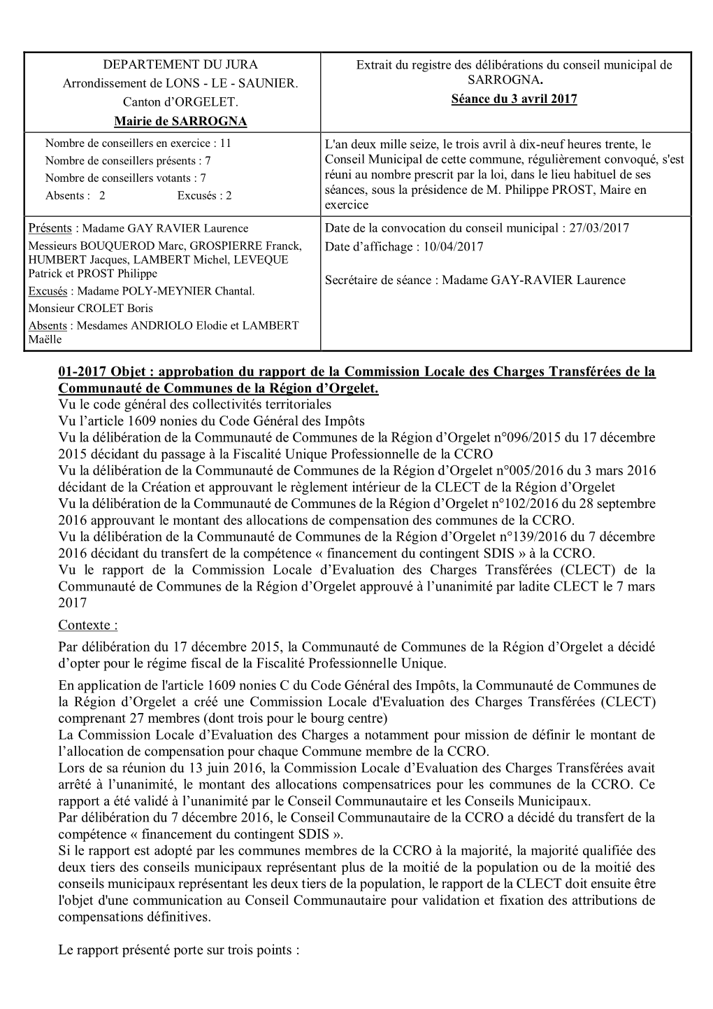 Approbation Du Rapport De La Commission Locale Des Charges Transférées De La Communauté De Communes De La Région D’Orgelet