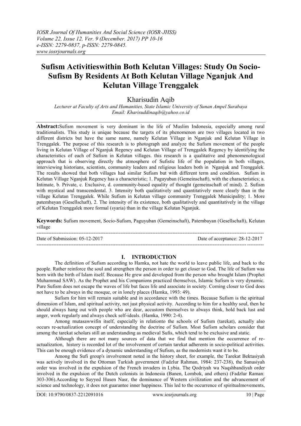 Sufism Activitieswithin Both Kelutan Villages: Study on Socio- Sufism by Residents at Both Kelutan Village Nganjuk and Kelutan Village Trenggalek