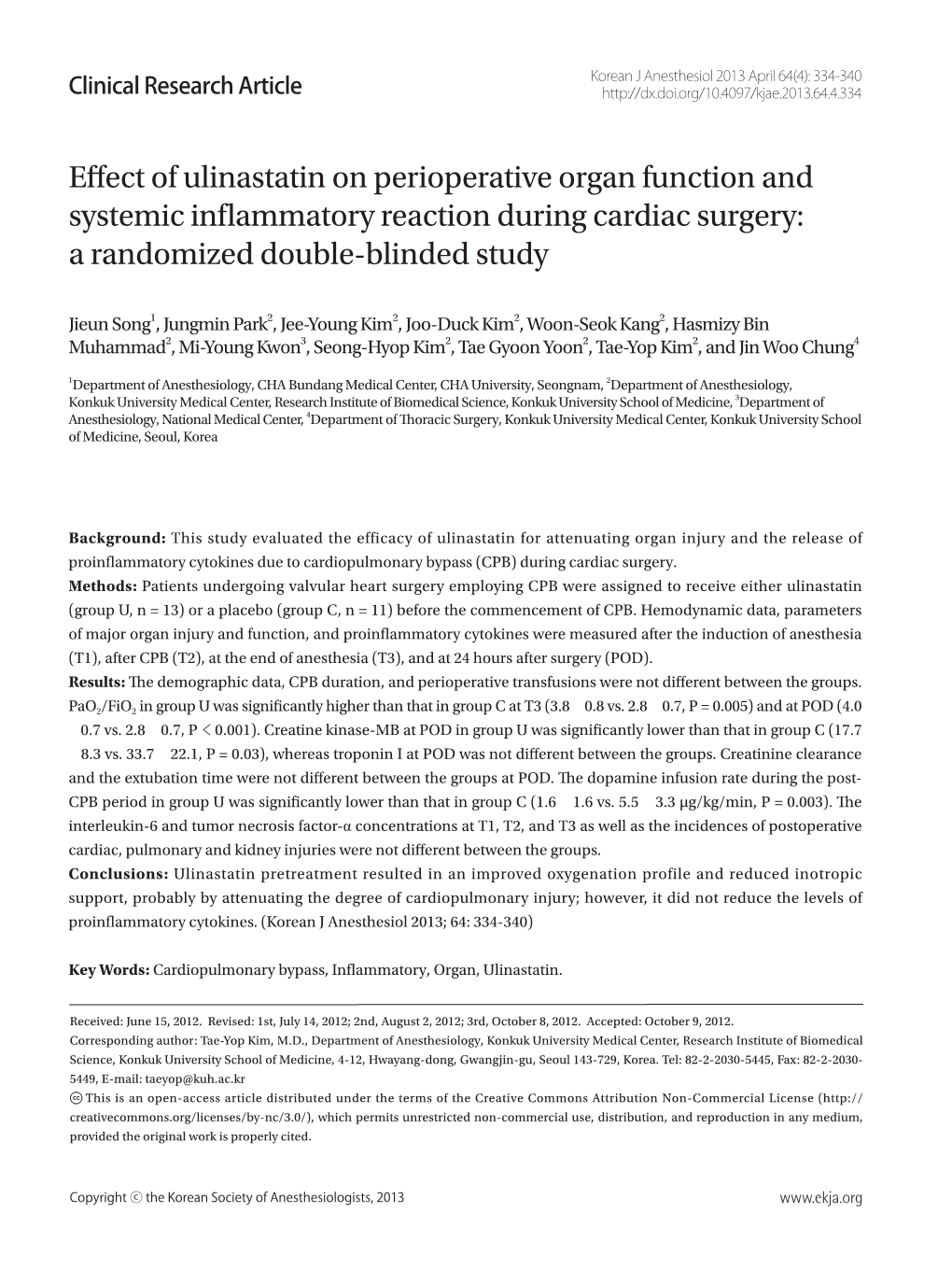 Effect of Ulinastatin on Perioperative Organ Function and Systemic Inflammatory Reaction During Cardiac Surgery: a Randomized Double-Blinded Study