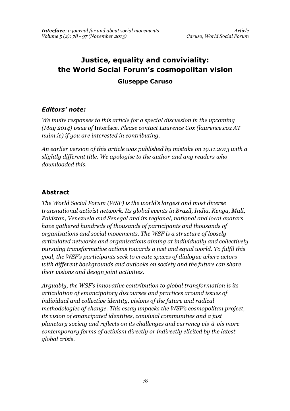 Justice, Equality and Conviviality: the World Social Forum's Cosmopolitan