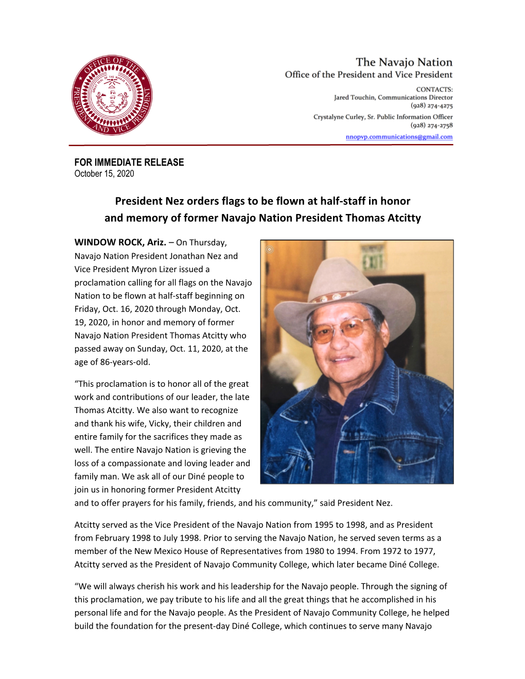 President Nez Orders Flags to Be Flown at Half-Staff in Honor and Memory of Former Navajo Nation President Thomas Atcitty