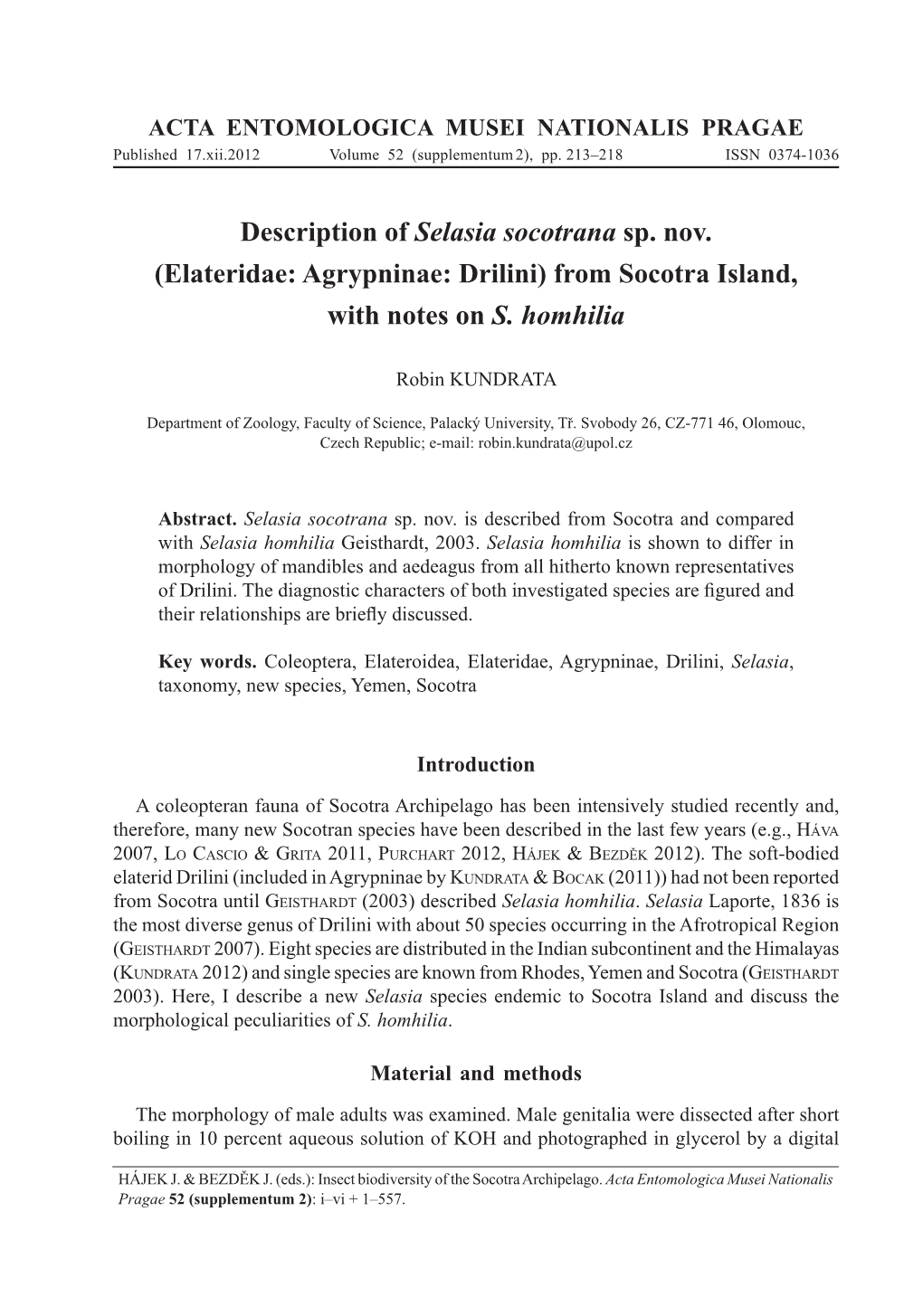 Elateridae: Agrypninae: Drilini) from Socotra Island, with Notes on S