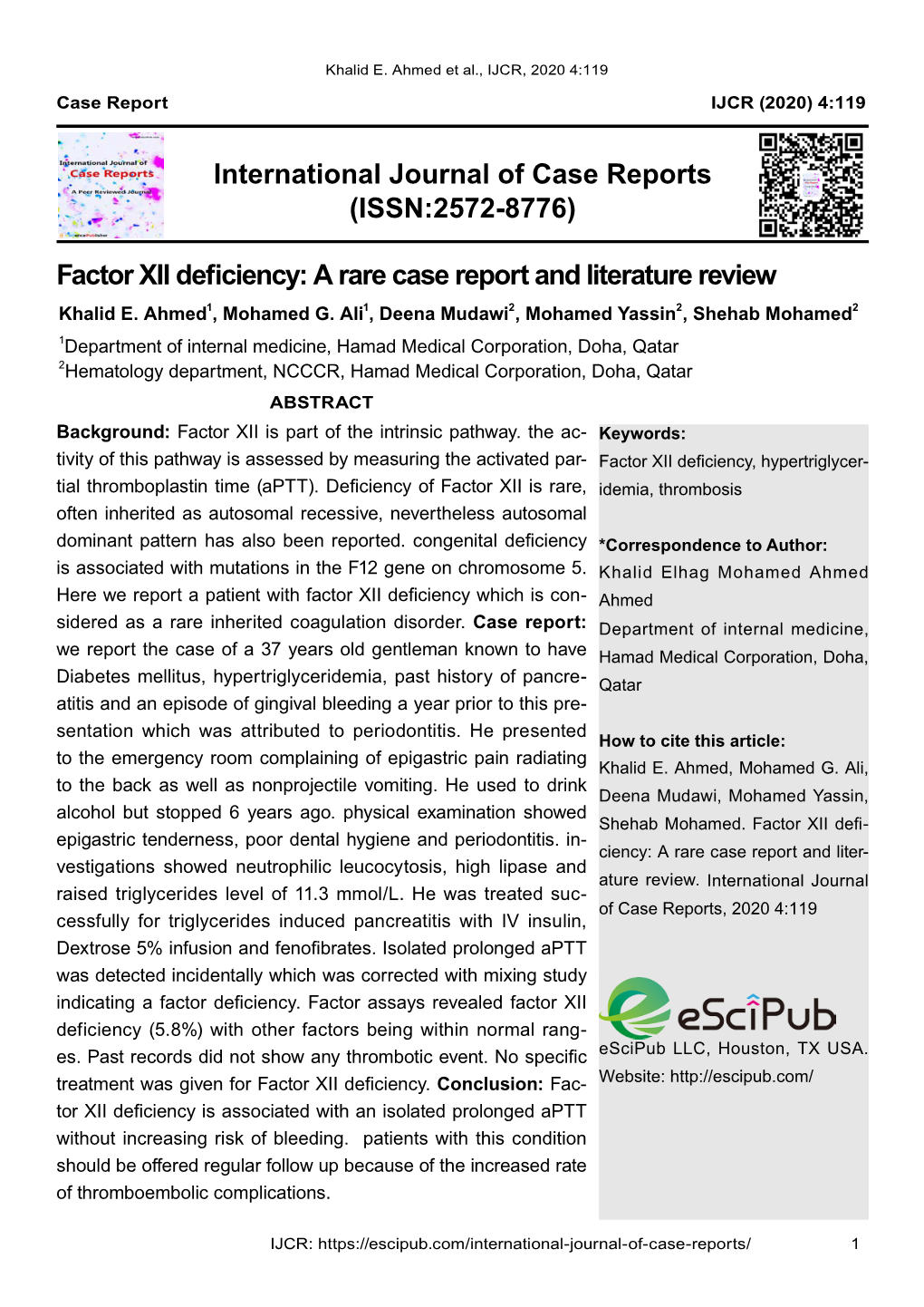 Factor XII Deficiency: a Rare Case Report and Literature Review Khalid E