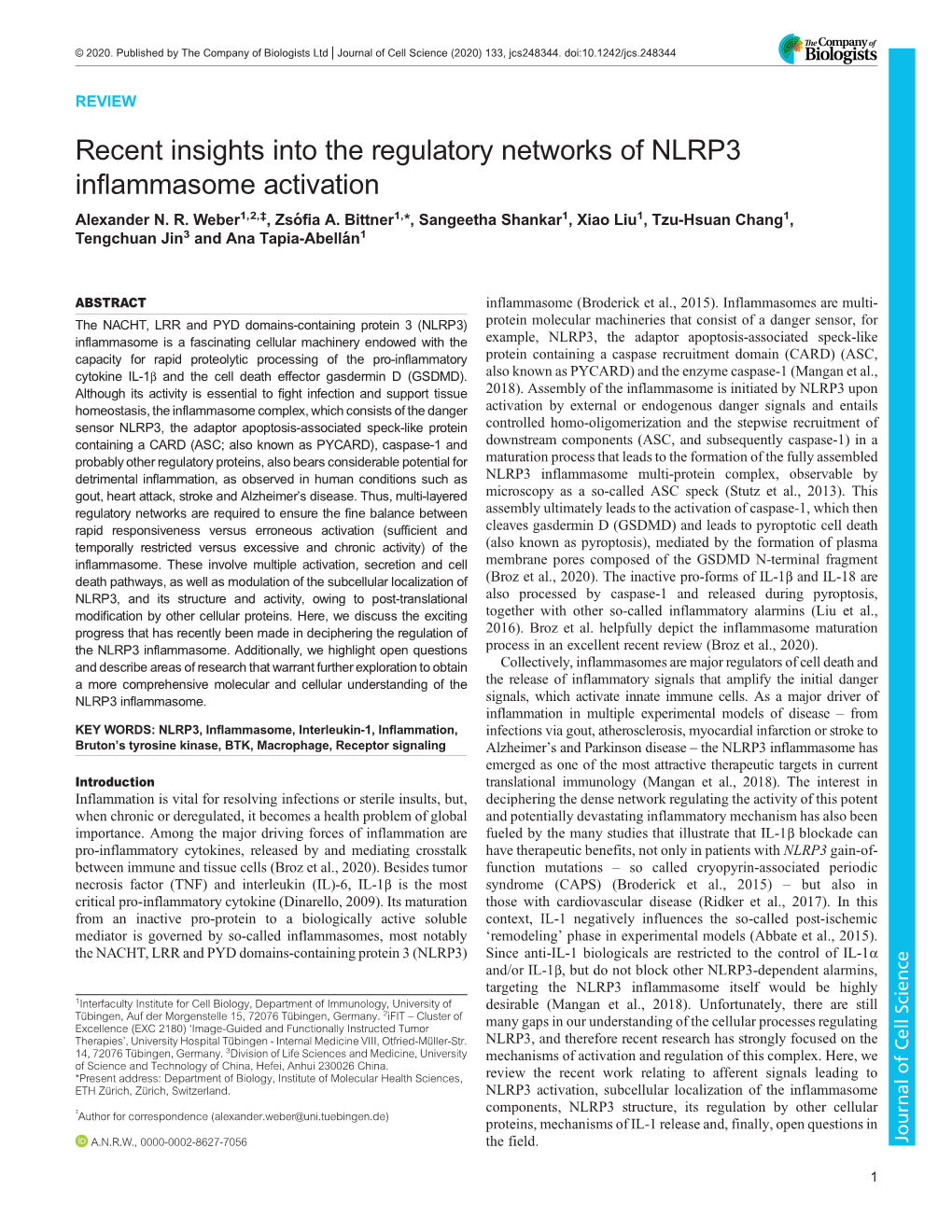 Recent Insights Into the Regulatory Networks of NLRP3 Inflammasome Activation Alexander N