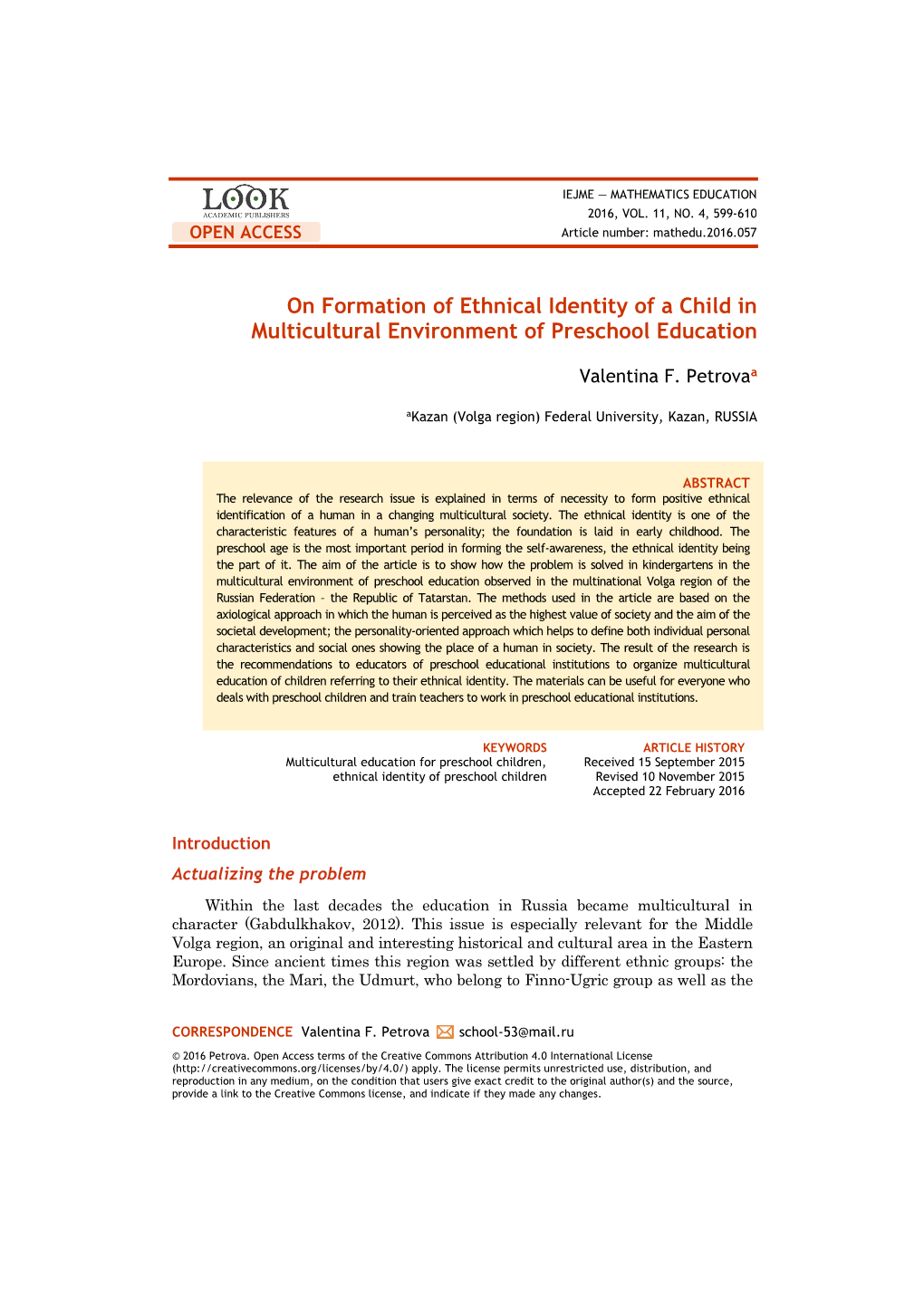 On Formation of Ethnical Identity of a Child in Multicultural Environment of Preschool Education