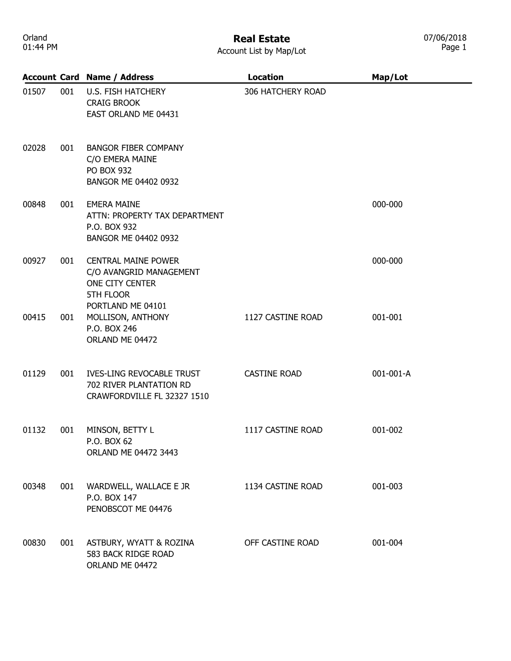 Real Estate 07/06/2018 01:44 PM Account List by Map/Lot Page 1