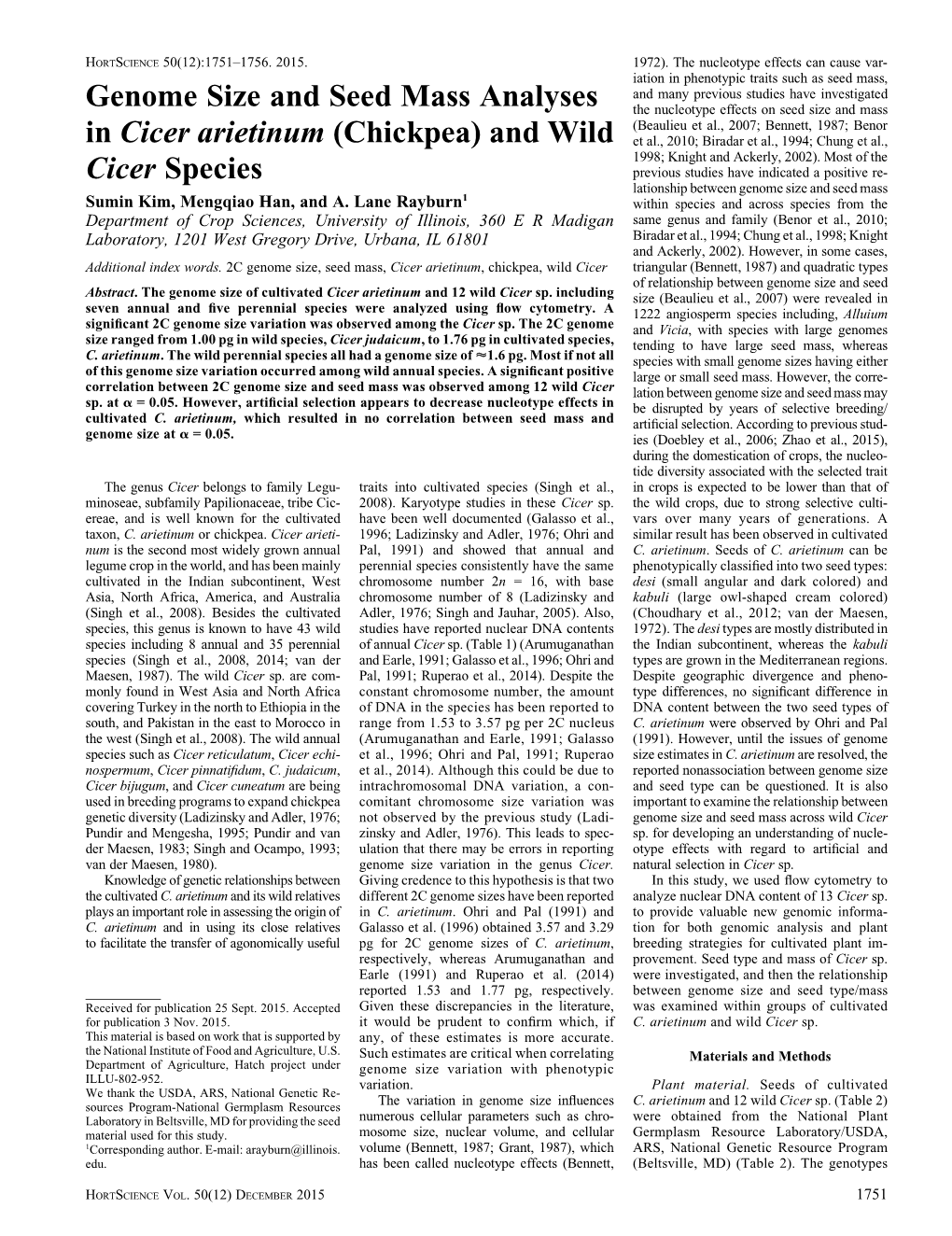 Genome Size and Seed Mass Analyses in Cicer Arietinum (Chickpea) and Wild Cicer Species