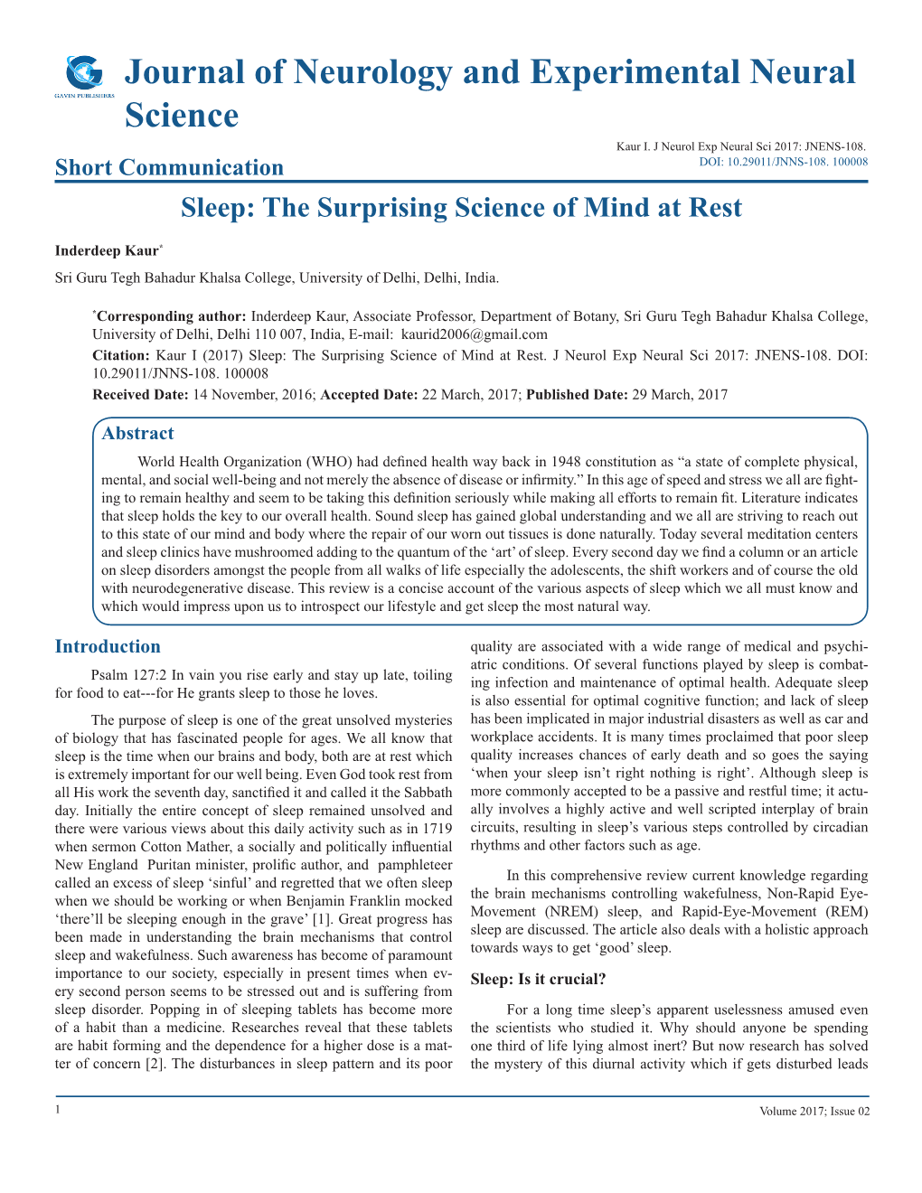 Journal of Neurology and Experimental Neural Science Kaur I