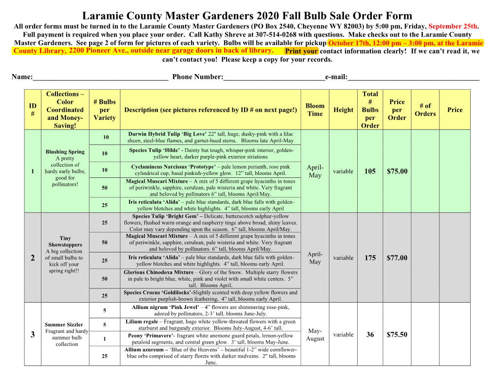Laramie County Master Gardeners 2020 Fall Bulb Sale Order Form