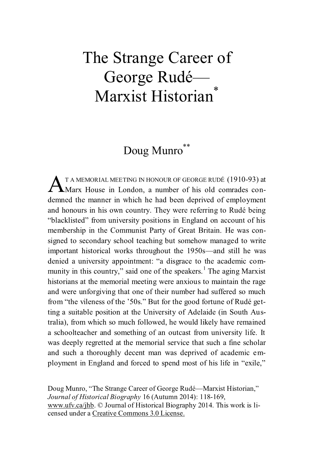 The Strange Career of George Rudé— Marxist Historian*