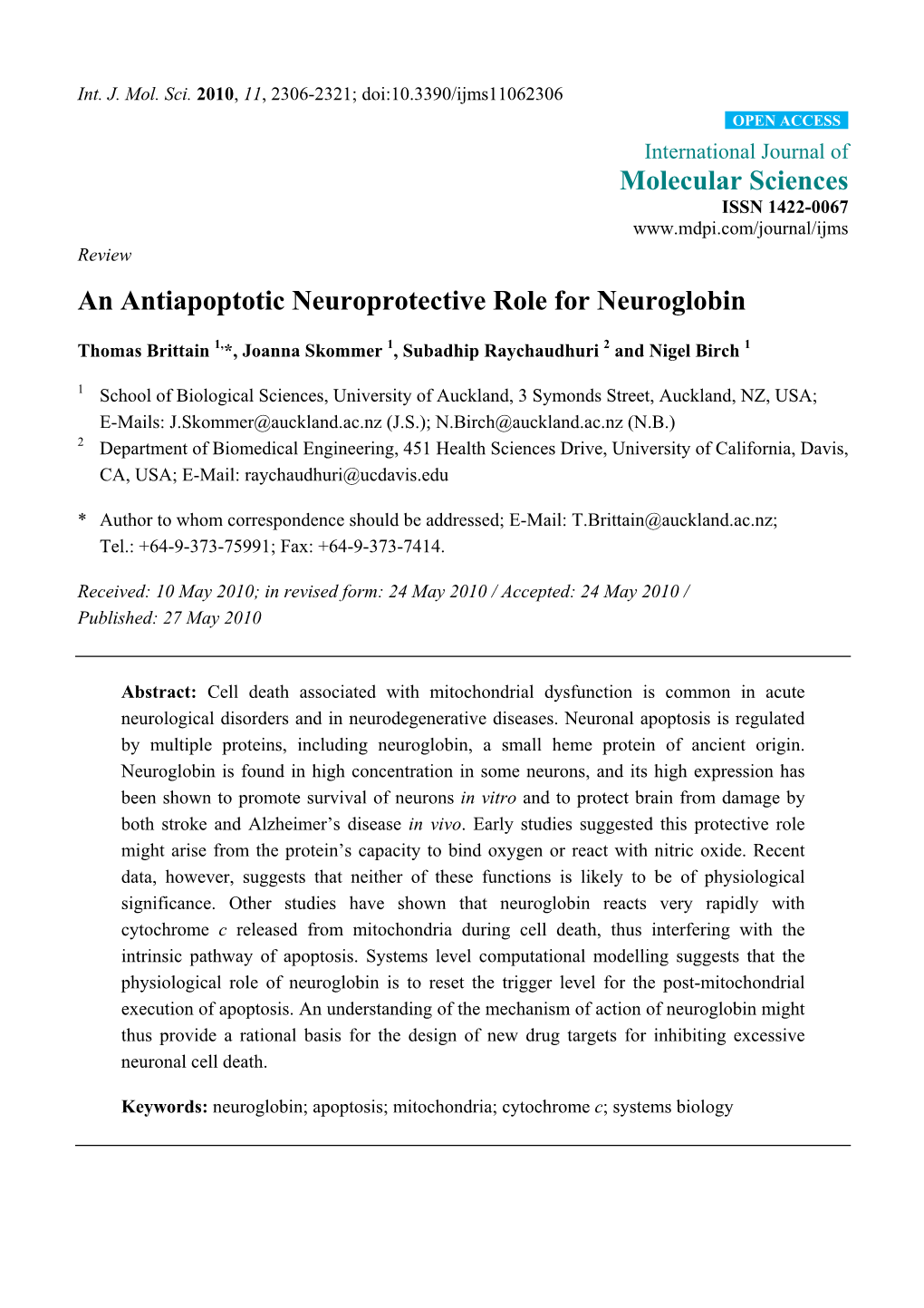 An Antiapoptotic Neuroprotective Role for Neuroglobin