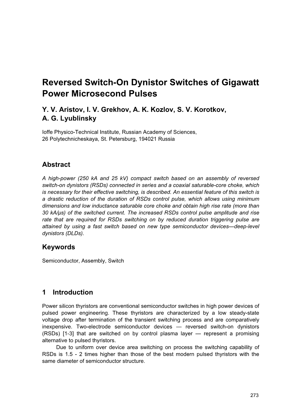 Reversed Switch-On Dynistor Switches of Gigawatt Power Microsecond Pulses