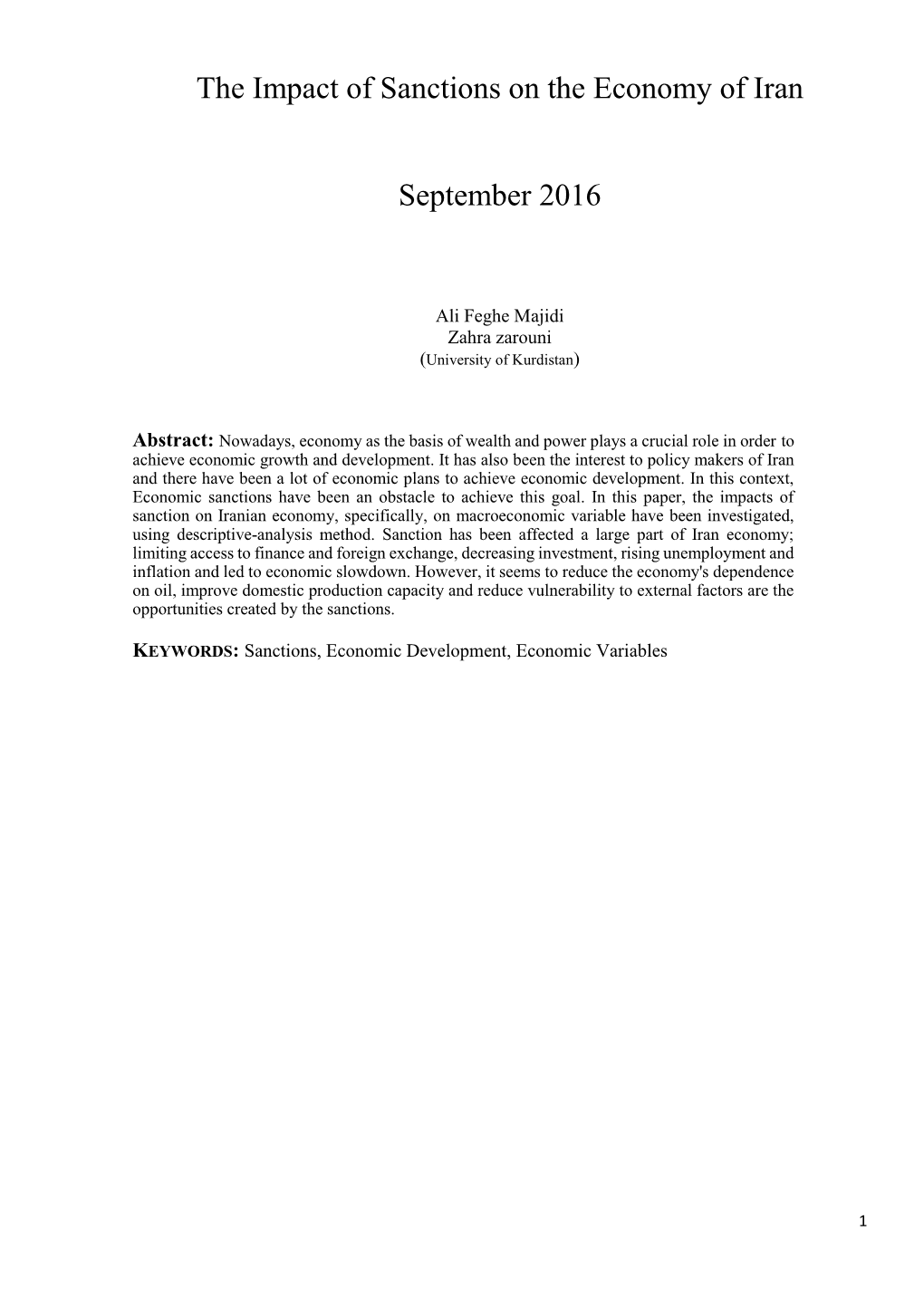 The Impact of Sanctions on the Economy of Iran September 2016