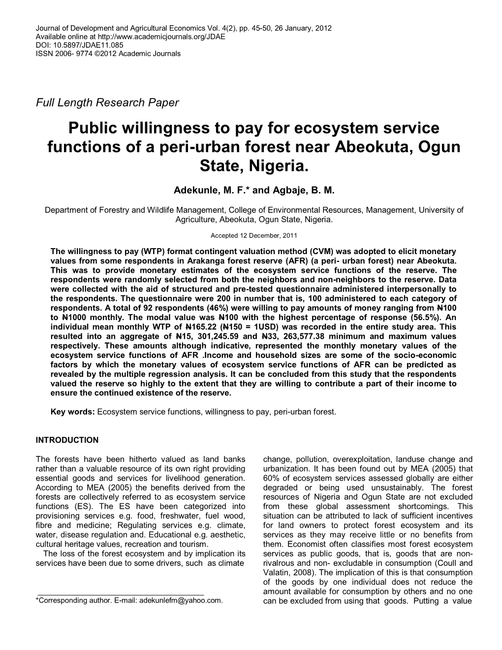 Public Willingness to Pay for Ecosystem Service Functions of a Peri-Urban Forest in Abeokuta, Ogun State, Nigeria