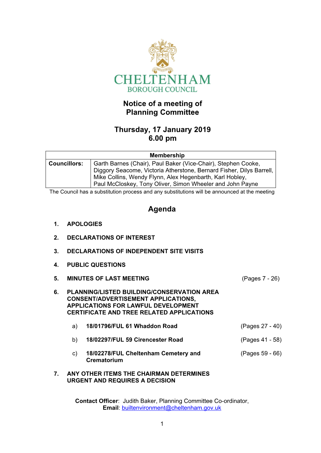 Agenda Document for Planning Committee, 17/01/2019 18:00