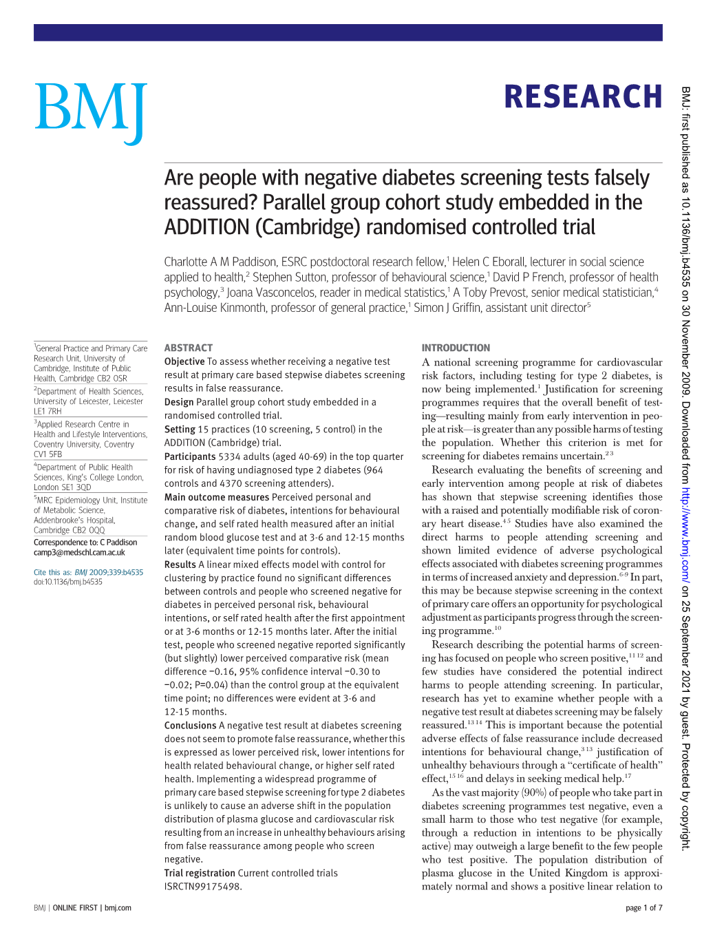 Are People with Negative Diabetes Screening Tests Falsely Reassured? Parallel Group Cohort Study Embedded in the ADDITION (Cambridge) Randomised Controlled Trial