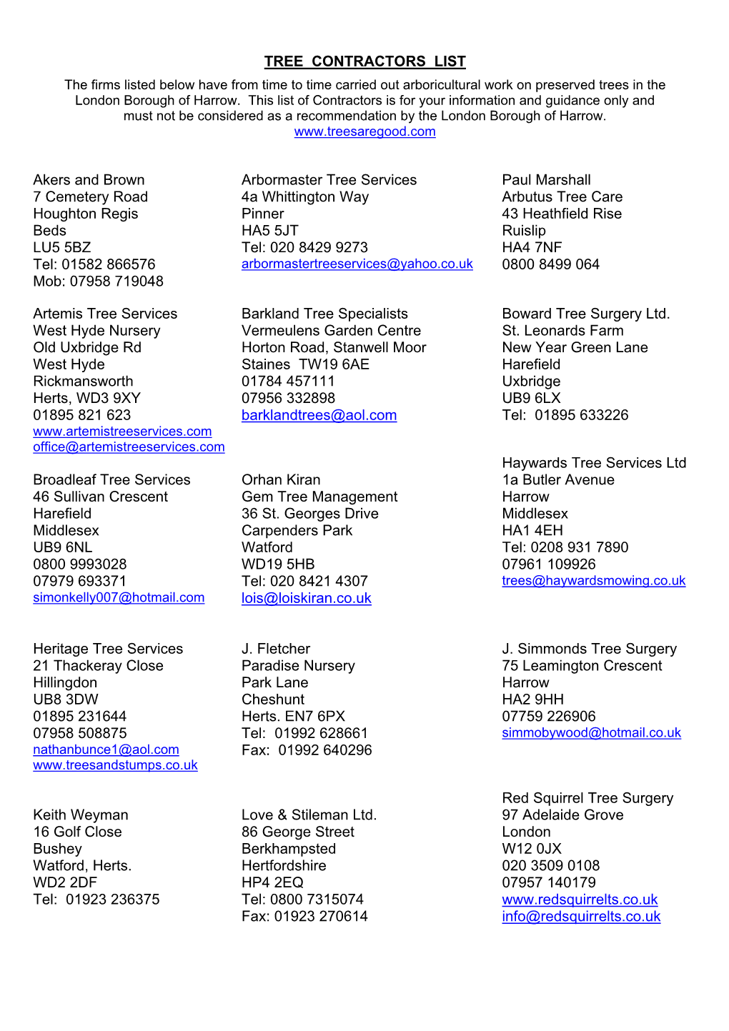 Tree Surgeons List