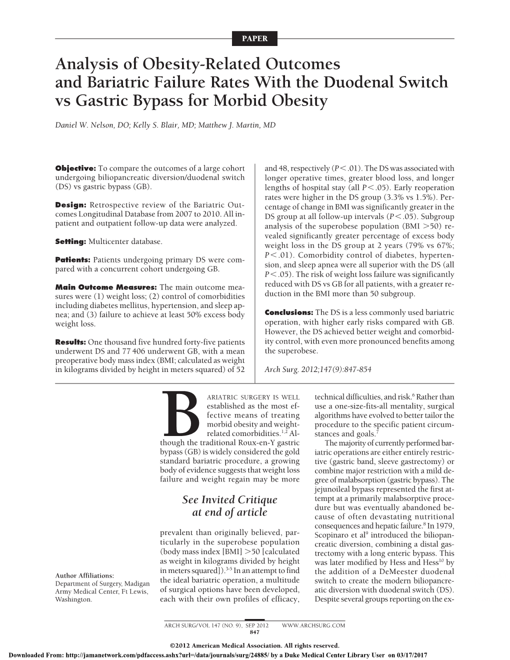 Analysis of Obesity-Related Outcomes and Bariatric Failure Rates with the Duodenal Switch Vs Gastric Bypass for Morbid Obesity