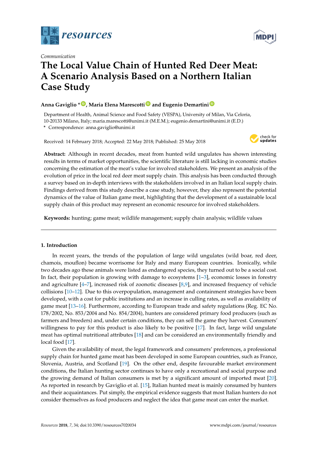The Local Value Chain of Hunted Red Deer Meat: a Scenario Analysis Based on a Northern Italian Case Study