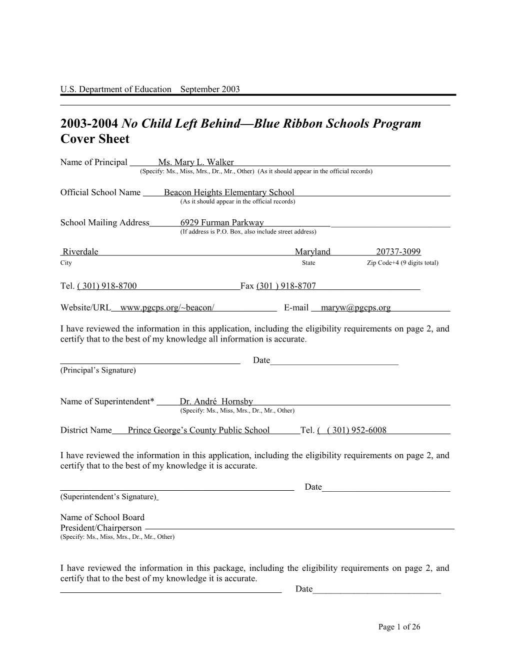 Beacon Heights Elementary School 2004 No Child Left Behind-Blue Ribbon School Application
