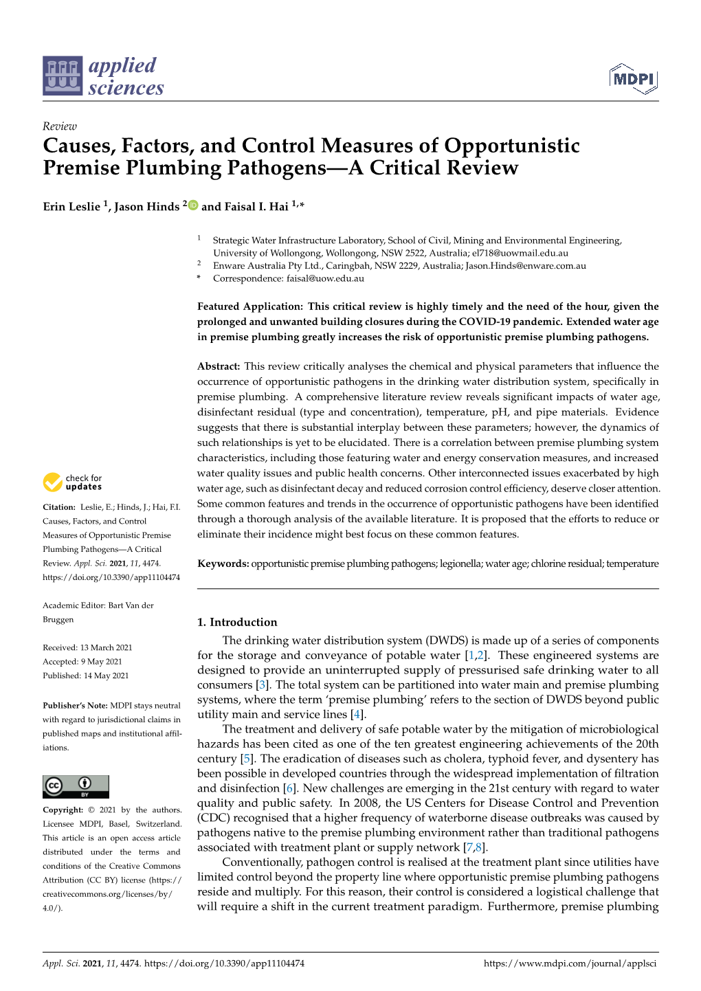 Causes, Factors, and Control Measures of Opportunistic Premise Plumbing Pathogens—A Critical Review