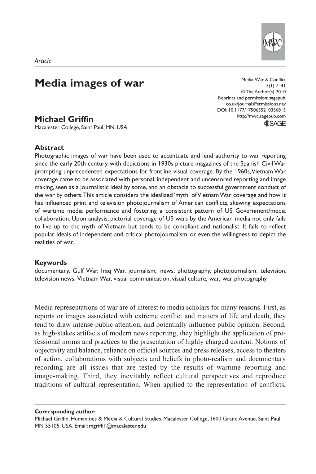 Media Images of War 3(1) 7–41 © the Author(S) 2010 Reprints and Permission: Sagepub