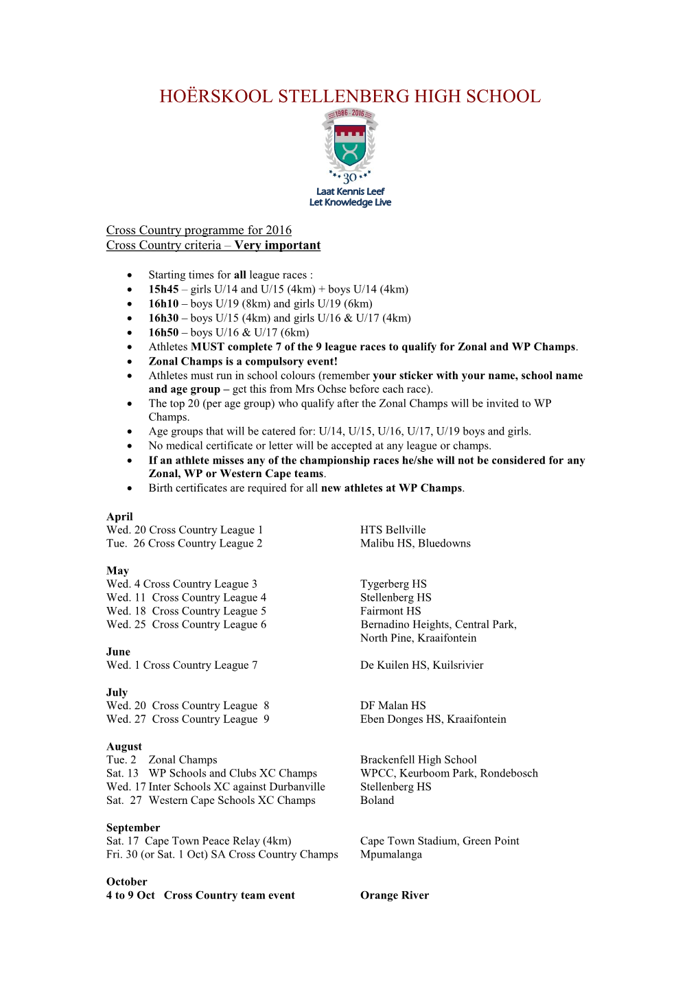 Stellenberg Atletiek/ Landloop Program Vir 2005-02-02