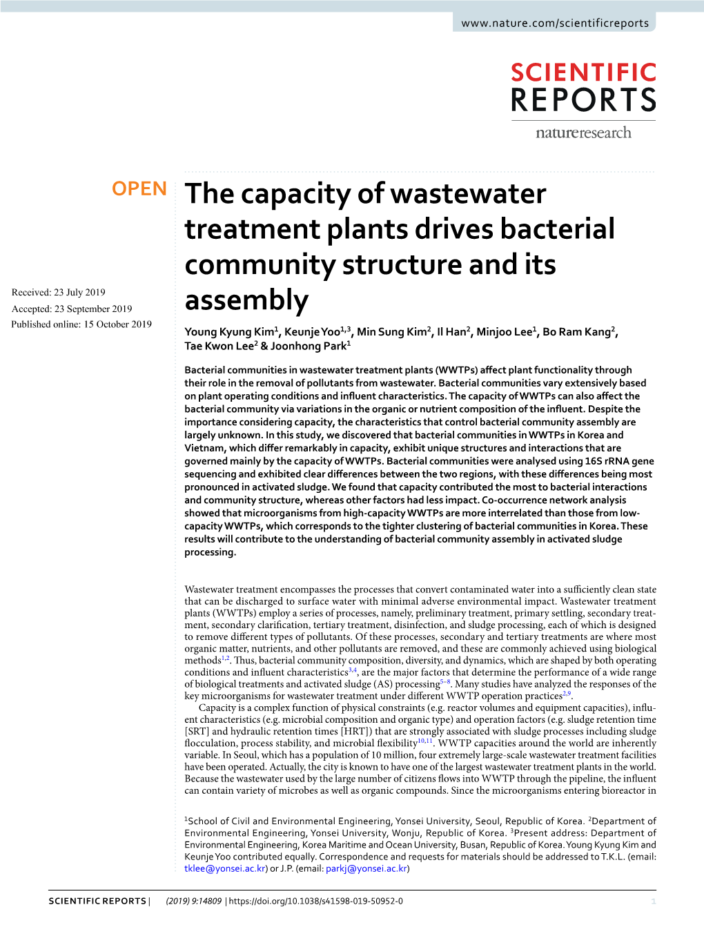 The Capacity of Wastewater Treatment Plants Drives Bacterial Community