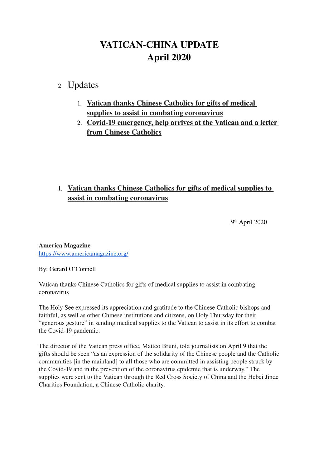 VATICANCHINA UPDATE April 2020 2 Updates