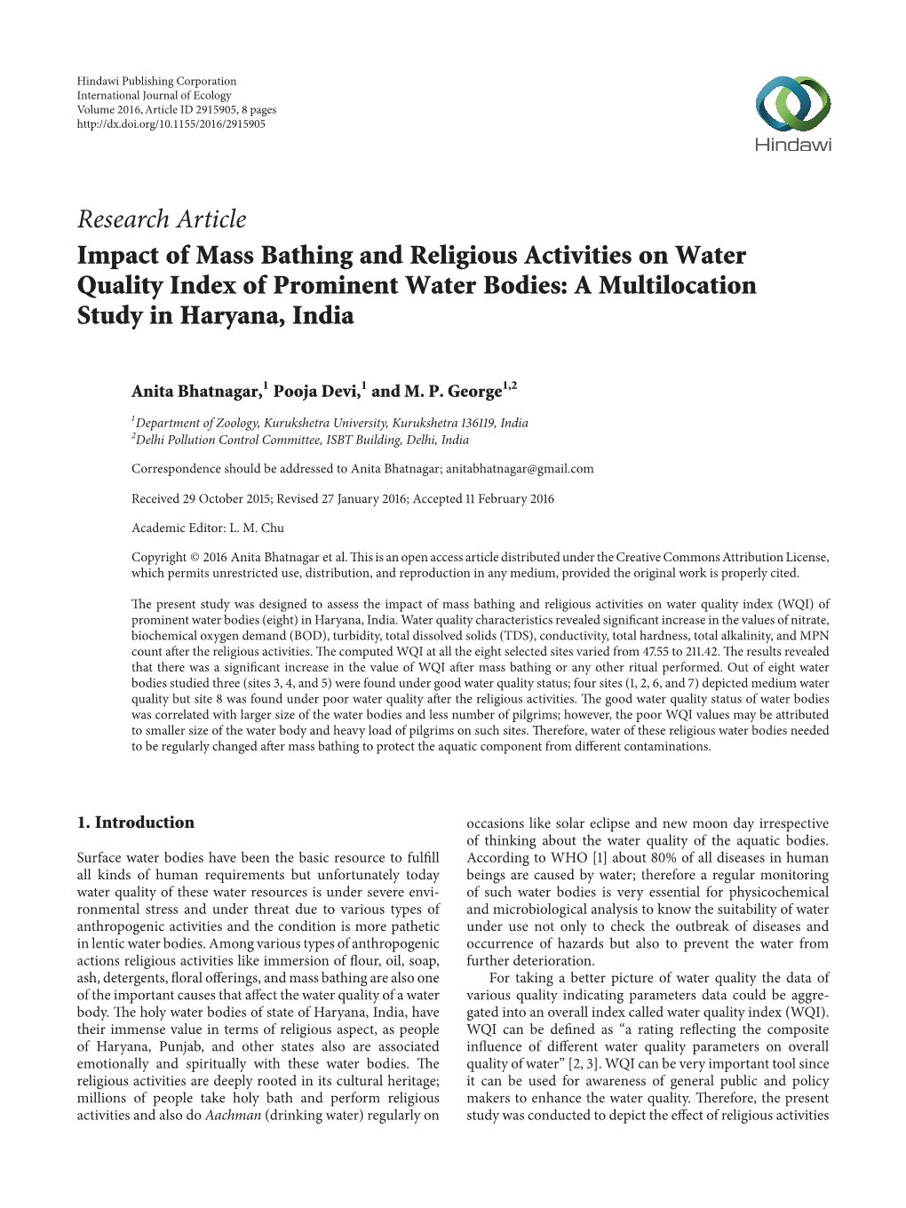 Research Article Impact of Mass Bathing and Religious Activities on Water Quality Index of Prominent Water Bodies: a Multilocation Study in Haryana, India