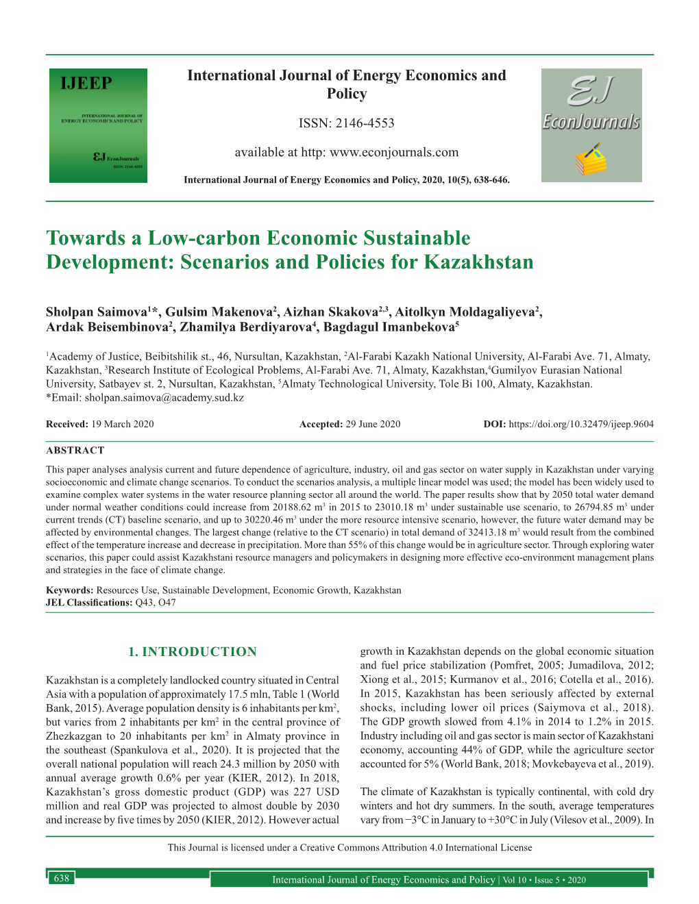 Towards a Low-Carbon Economic Sustainable Development: Scenarios and Policies for Kazakhstan