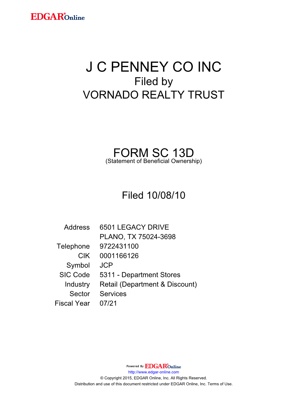 J C PENNEY CO INC Filed by VORNADO REALTY TRUST