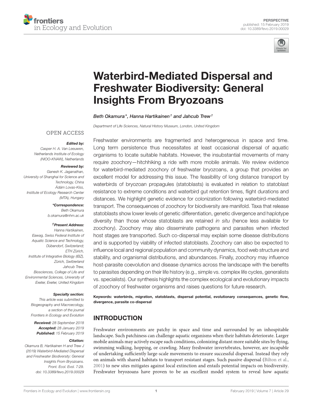 Waterbird-Mediated Dispersal and Freshwater Biodiversity: General Insights from Bryozoans