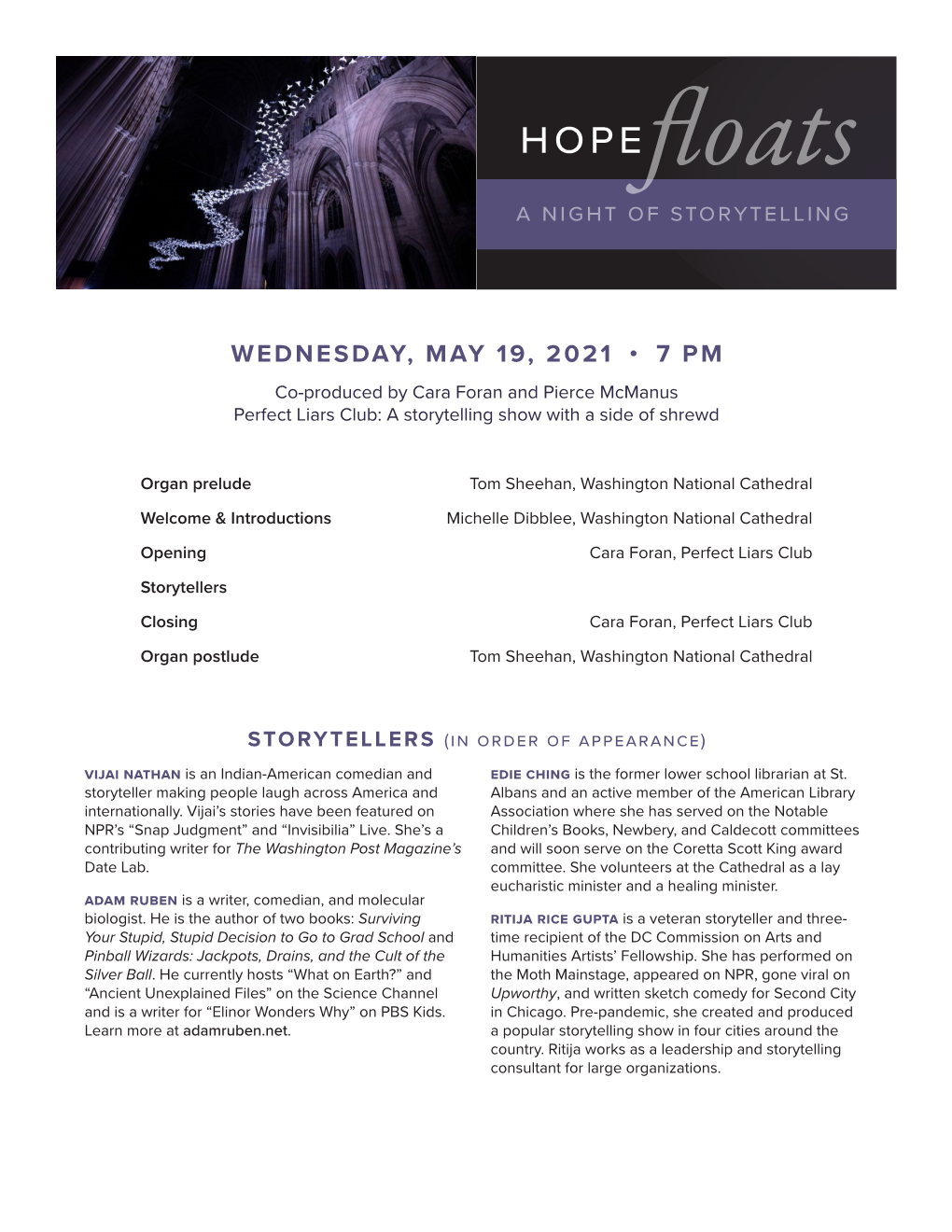 A Night of Storytelling WEDNESDAY, MAY 19, 2021 • 7 PM