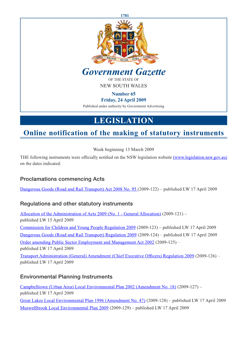 Government Gazette of the STATE of NEW SOUTH WALES Number 65 Friday, 24 April 2009 Published Under Authority by Government Advertising
