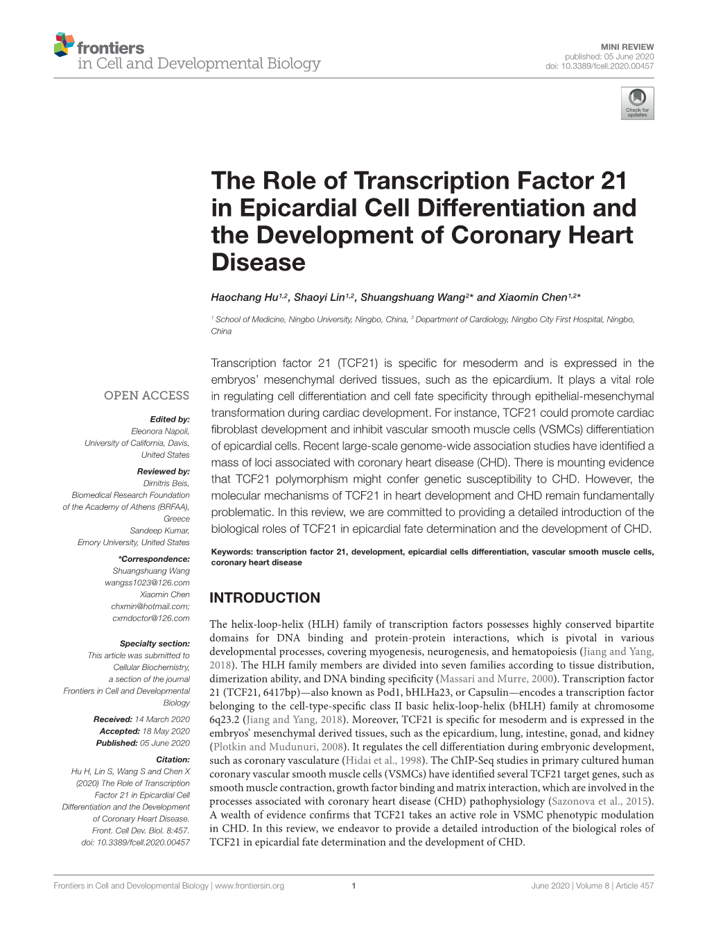The Role of Transcription Factor 21 in Epicardial Cell Differentiation and the Development of Coronary Heart Disease