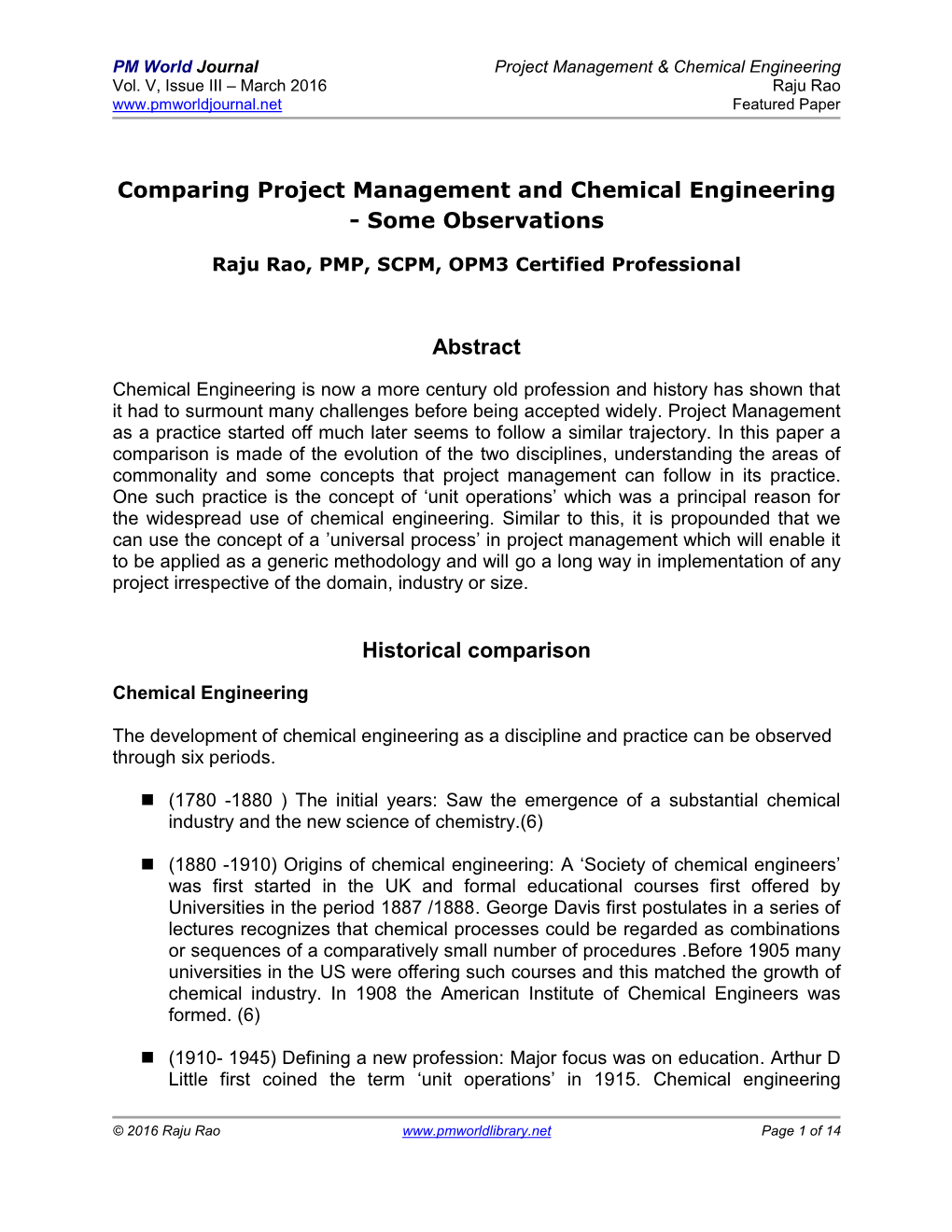 Comparing Project Management and Chemical Engineering - Some Observations