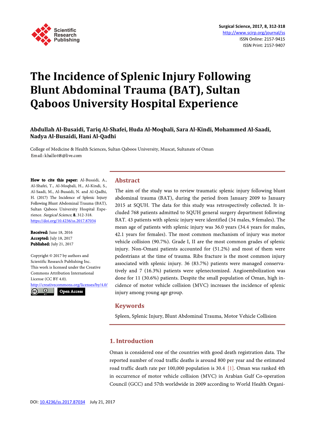 The Incidence of Splenic Injury Following Blunt Abdominal Trauma (BAT), Sultan Qaboos University Hospital Experience
