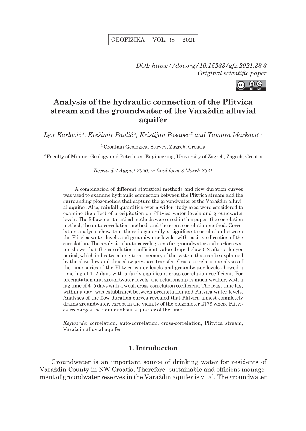 Analysis of the Hydraulic Connection of the Plitvica Stream and the Groundwater of the Varaždin Alluvial Aquifer