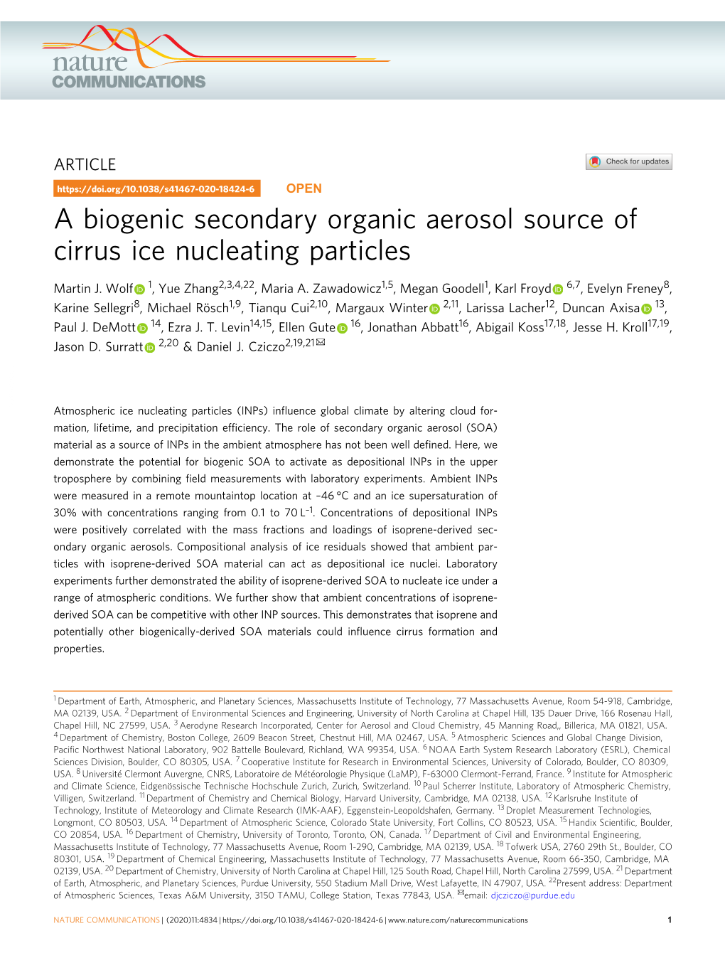 A Biogenic Secondary Organic Aerosol Source of Cirrus Ice Nucleating Particles