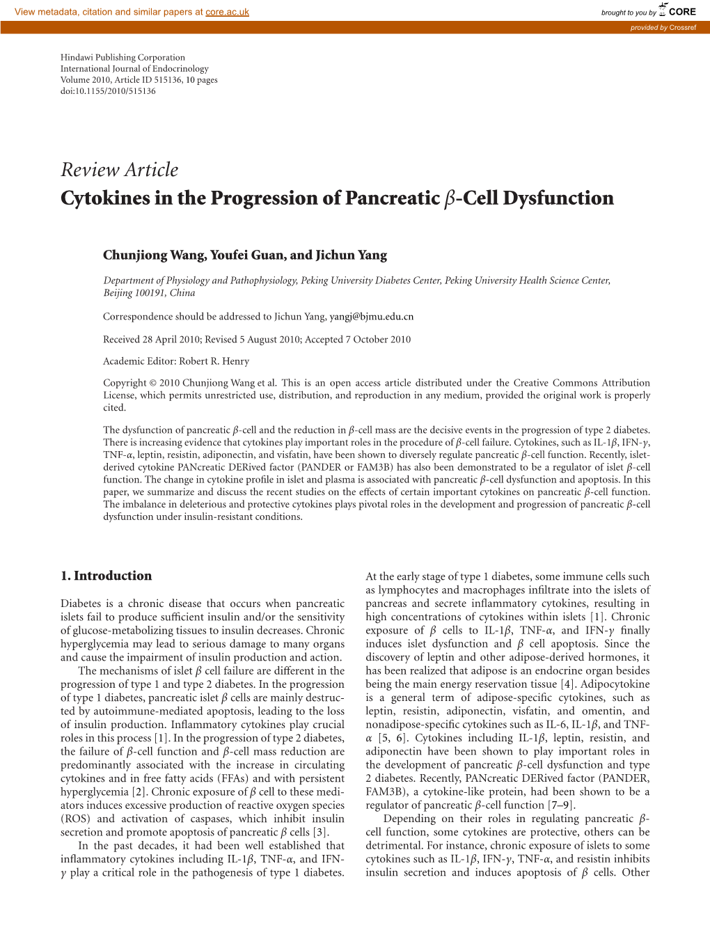 Review Article Cytokines in the Progression of Pancreatic Β-Cell Dysfunction