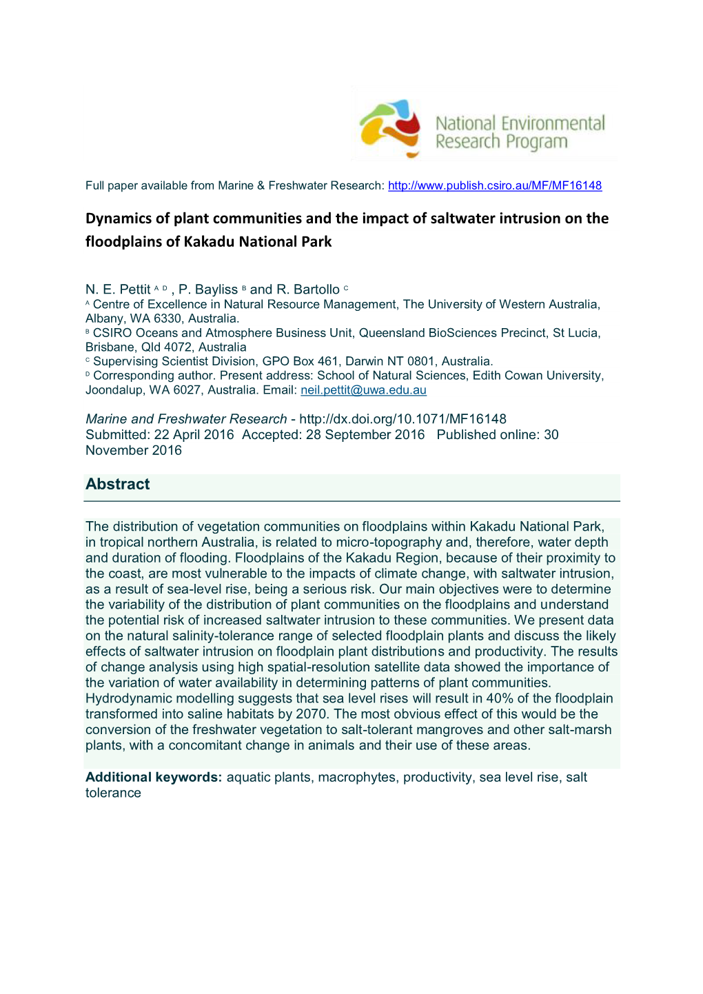 Dynamics of Plant Communities and the Impact of Saltwater Intrusion on the Floodplains of Kakadu National Park